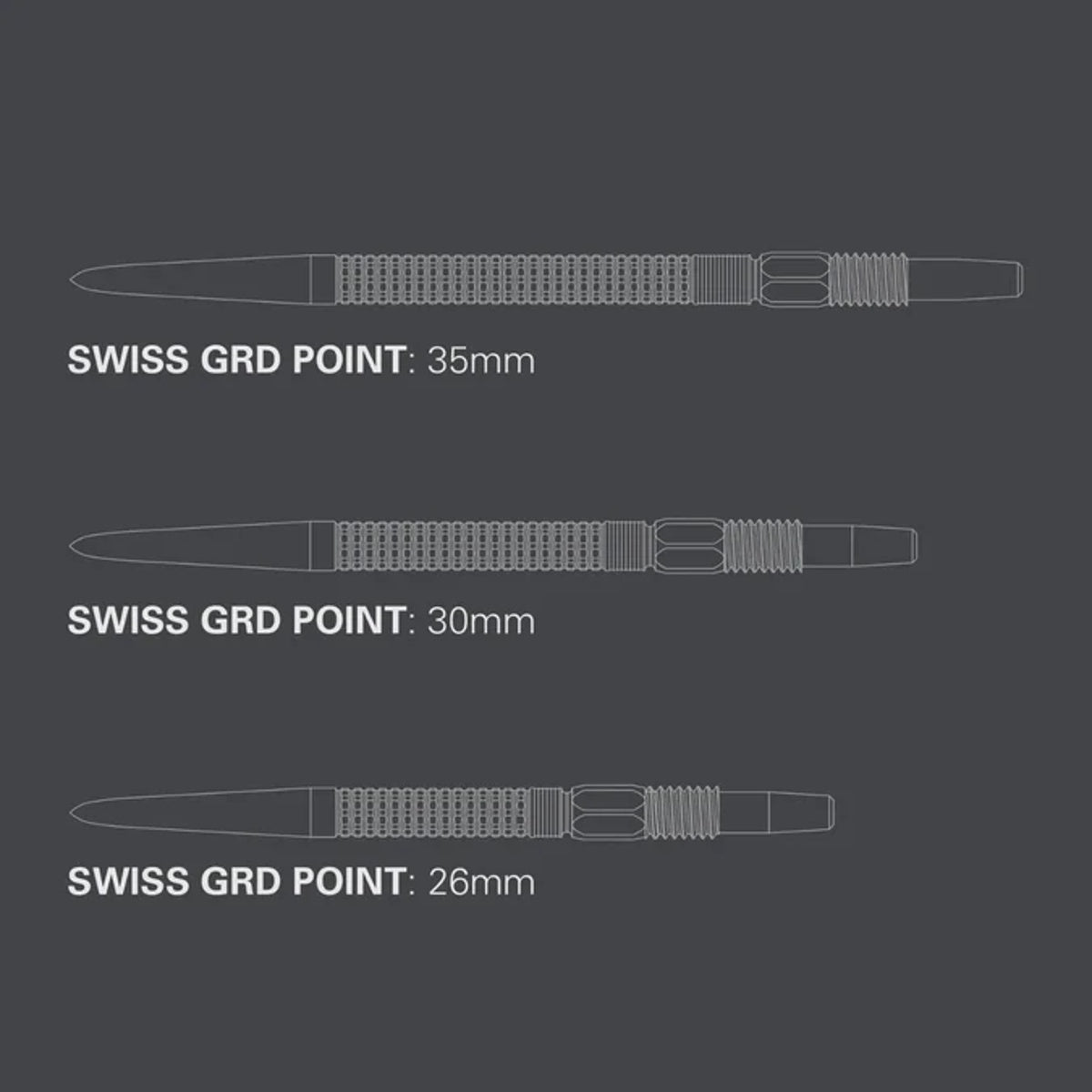 Target Swiss GRD Points Silver image comparing the available Swiss Point lengths