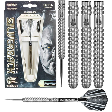 Tony O'Shea Generation 2 Steel Tip Darts main product image showing the darts, packaging, flights, shafts, and included accessories