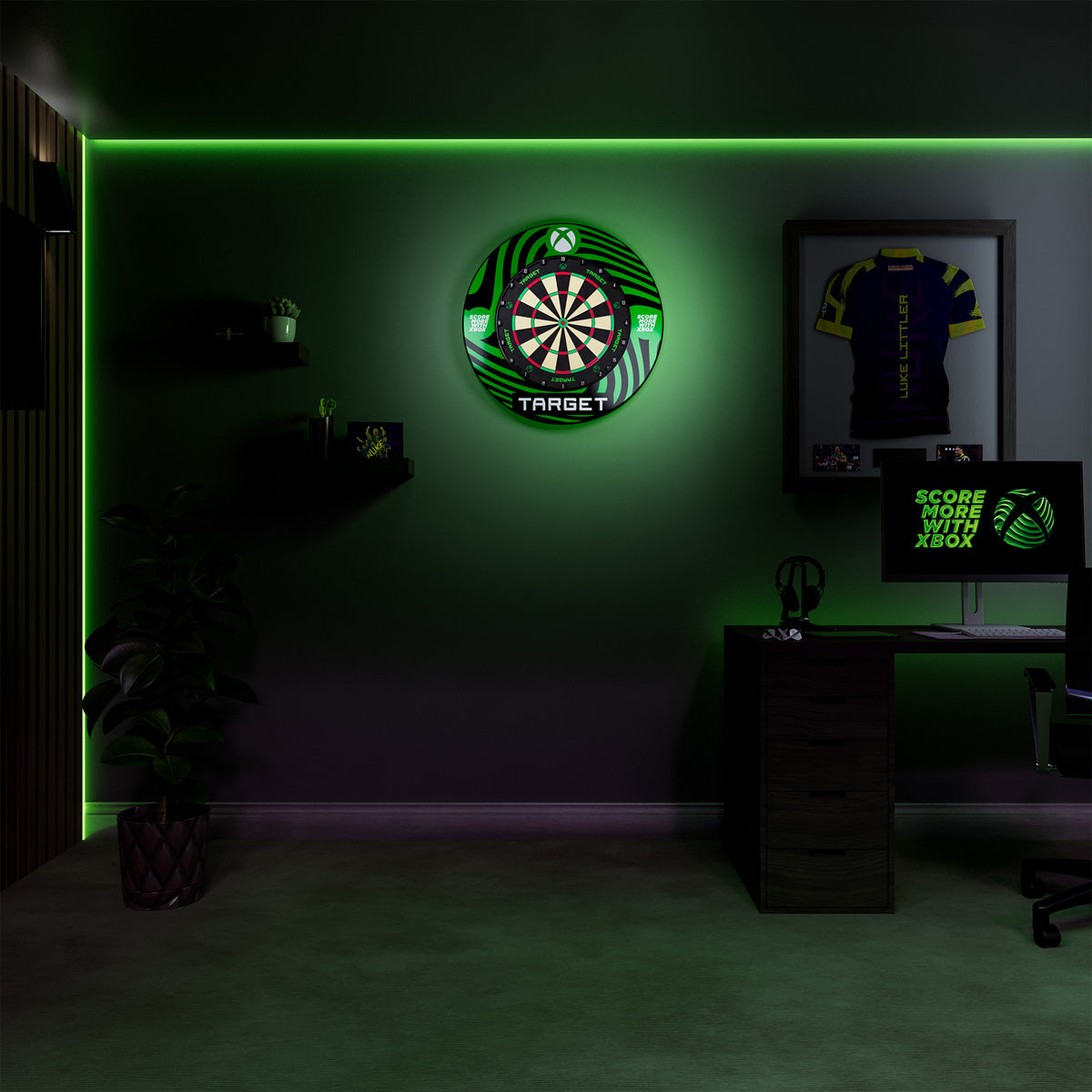 TARGET XBOX TOR Dartboard and Surround Bundle lifestyle image from afar showing the dartboard bundle installed and ready for play in a real world setting