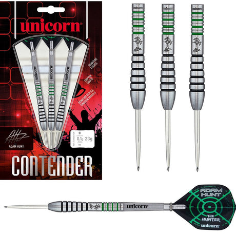 Adam Hunt Contender Phase 2 Steel Tip Darts main product image showing the darts, packaging, flights, shafts, and included accessories