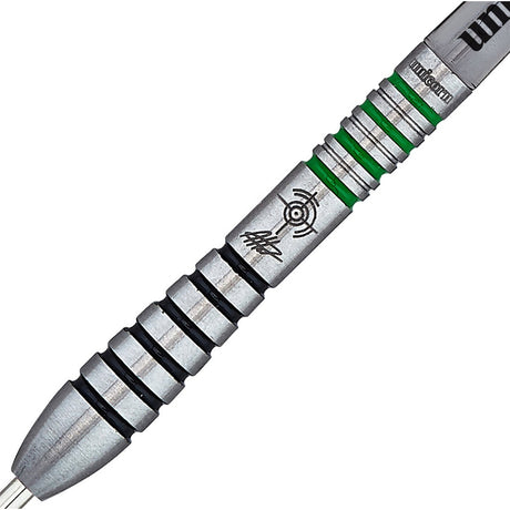 Adam Hunt Contender Phase 2 Steel Tip Darts close up image showing detailed grip patterns, machining, coating, and precision craftsmanship