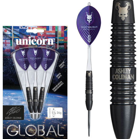 Ashley Coleman Steel Tip Darts main product image showing the darts, packaging, flights, shafts, and included accessories