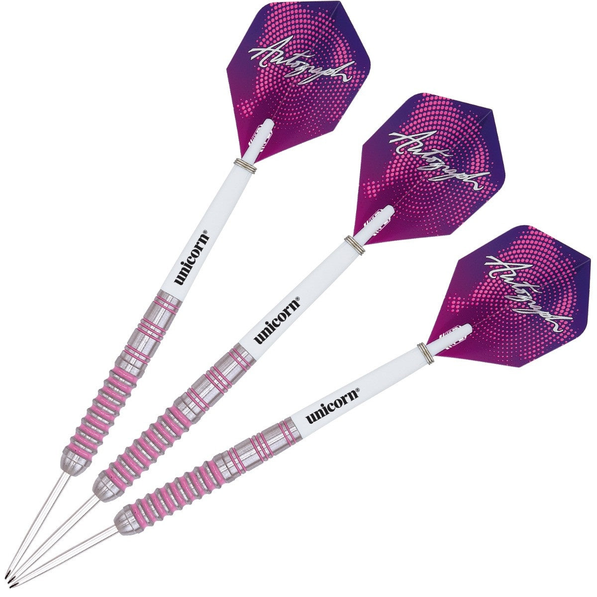 Autograph Pink Ringed Steel Tip Darts image showing the complete three dart set together highlighting barrel design consistency and styling