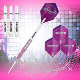 Autograph Pink Ringed Steel Tip Darts branded contents image displaying the darts and included accessories alongside Unicorn branding