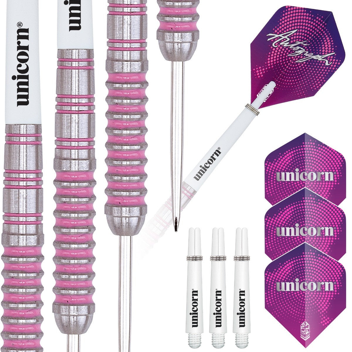 Autograph Pink Ringed Steel Tip Darts contents image displaying everything included inside the package