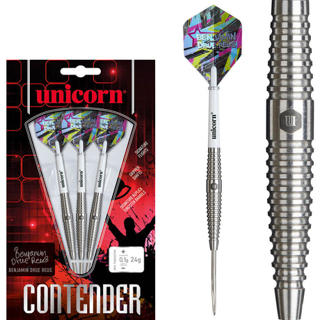 Benjamin Drue Reus Steel Tip Darts main product image showing the darts, packaging, flights, shafts, and included accessories
