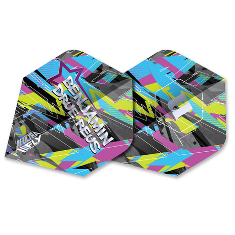 Benjamin Drue Reus Ultrafly Plus Dart Flights by Unicorn showing multiple angles of all 3 dart flights on a white background.