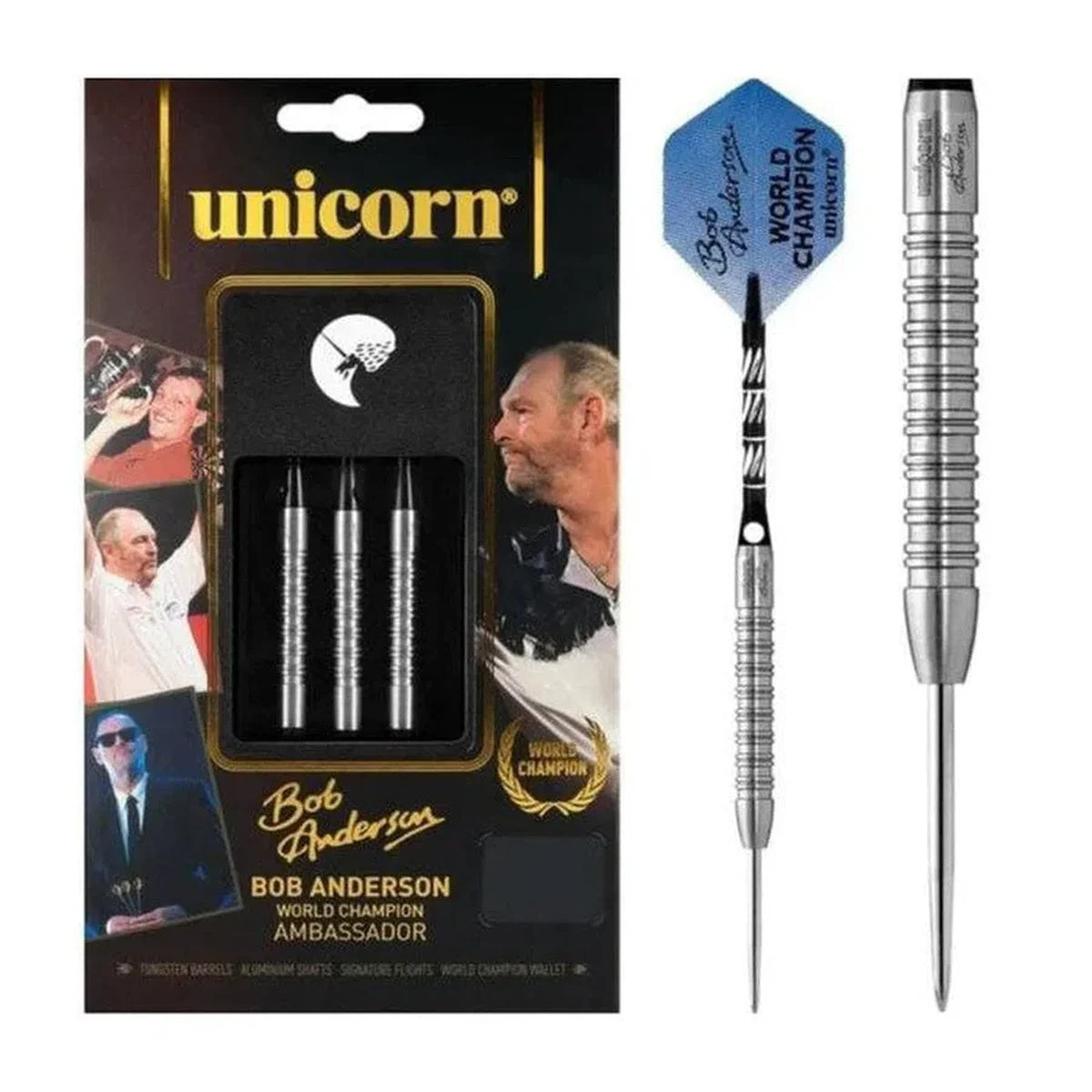 Bob Anderson World Champion Ambassador Steel Tip Darts main product image showing the darts, packaging, flights, shafts, and included accessories