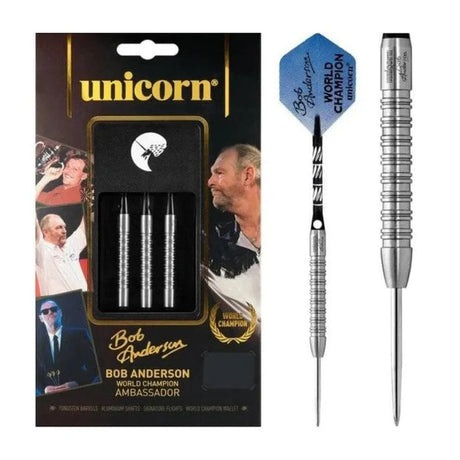 Bob Anderson World Champion Ambassador Steel Tip Darts main product image showing the darts, packaging, flights, shafts, and included accessories