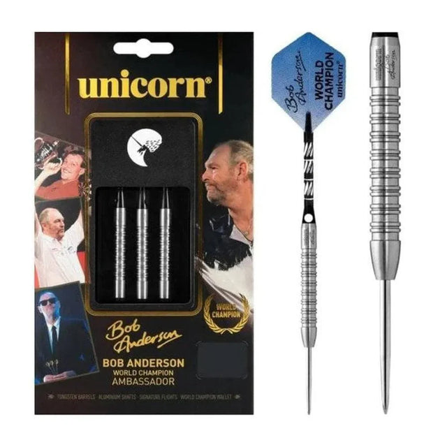 Bob Anderson World Champion Ambassador Steel Tip Darts main product image showing the darts, packaging, flights, shafts, and included accessories