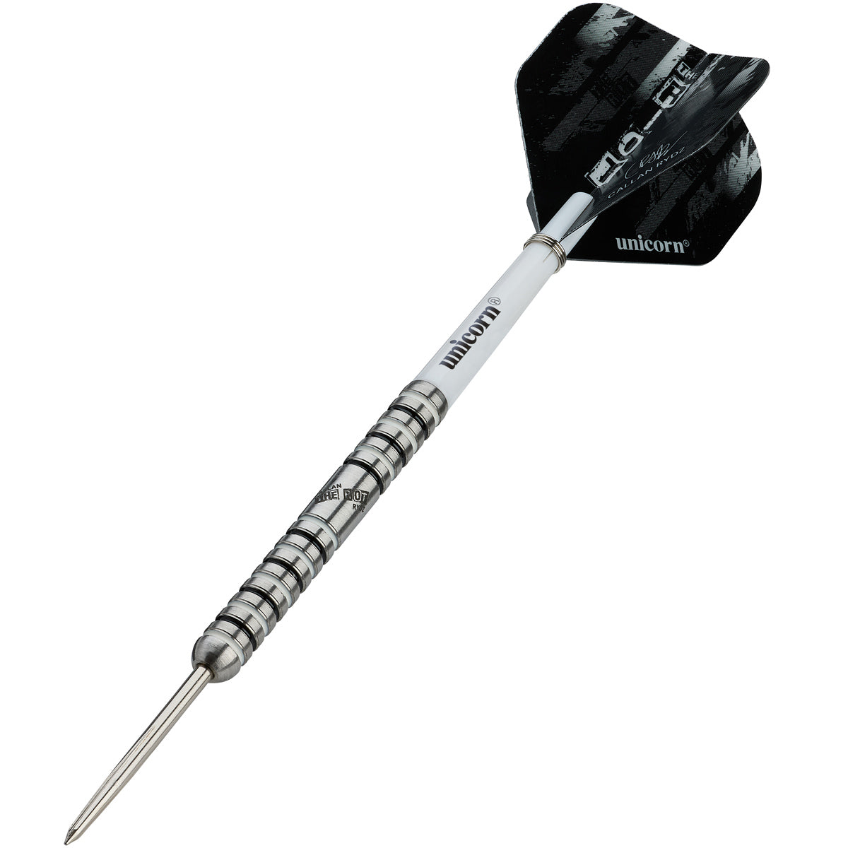 Callan Rydz The Riot Phase 2 Steel Tip Darts angled product image displaying the barrel profile, grip layout, and design features
