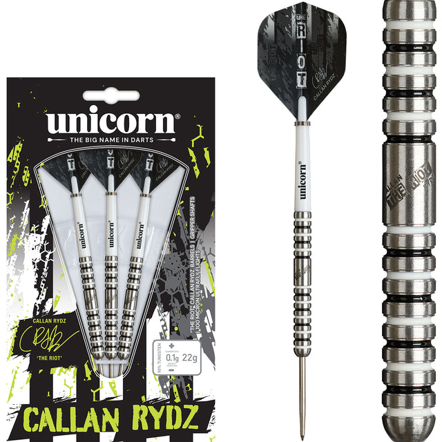 Callan Rydz The Riot Phase 2 Steel Tip Darts main product image showing the darts, packaging, flights, shafts, and included accessories