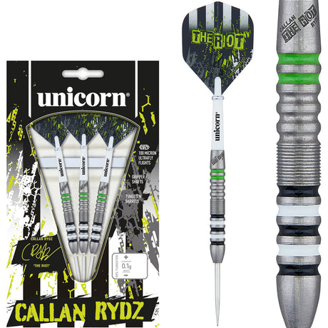 Callan Rydz The Riot Steel Tip Darts main product image showing the darts, packaging, flights, shafts, and included accessories
