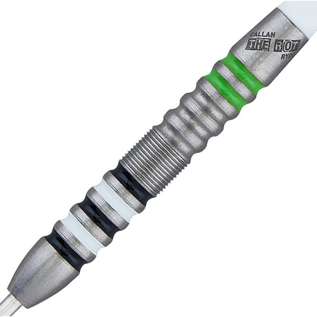 Callan Rydz The Riot Steel Tip Darts close up image showing detailed grip patterns, machining, coating, and precision craftsmanship