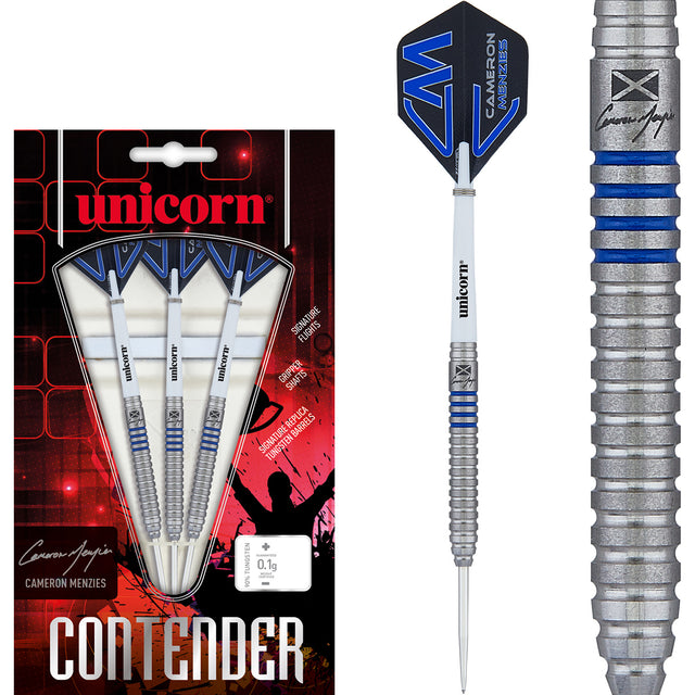 Cameron Menzies Phase 2 Steel Tip Darts main product image showing the darts, packaging, flights, shafts, and included accessories