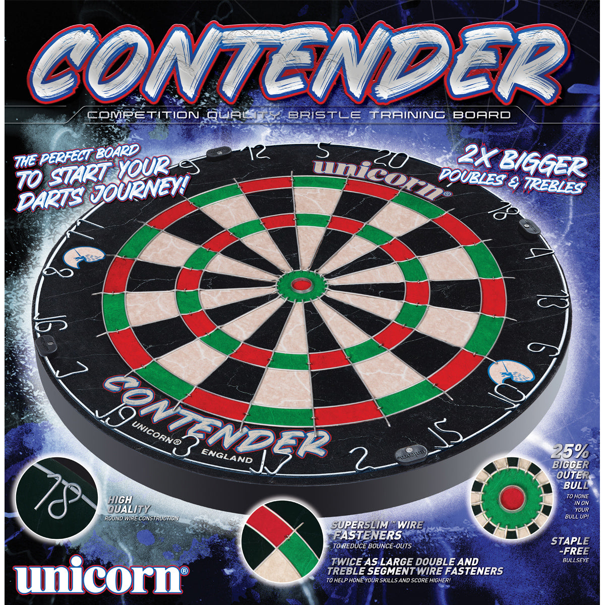 Unicorn Contender Trainer Dartboard outer box image showing the retail packaging and branding