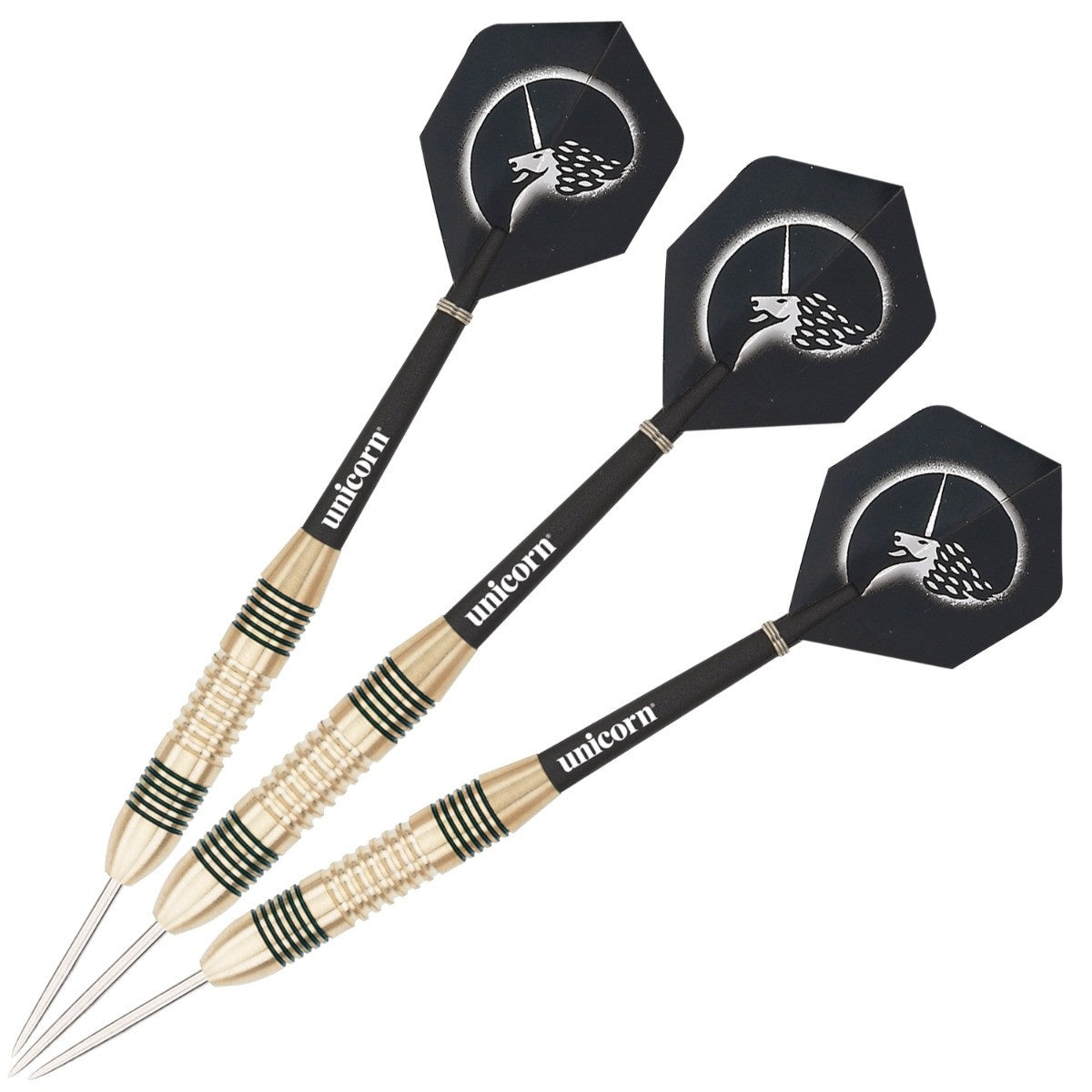 Core Brass Steel Tip Darts image showing the complete three dart set together highlighting barrel design consistency and styling