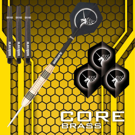 Core Brass Steel Tip Darts branded contents image displaying the darts and included accessories alongside Unicorn branding