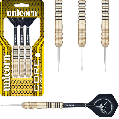 Core Brass Style 2 Steel Tip Darts main product image showing the darts, packaging, flights, shafts, and included accessories