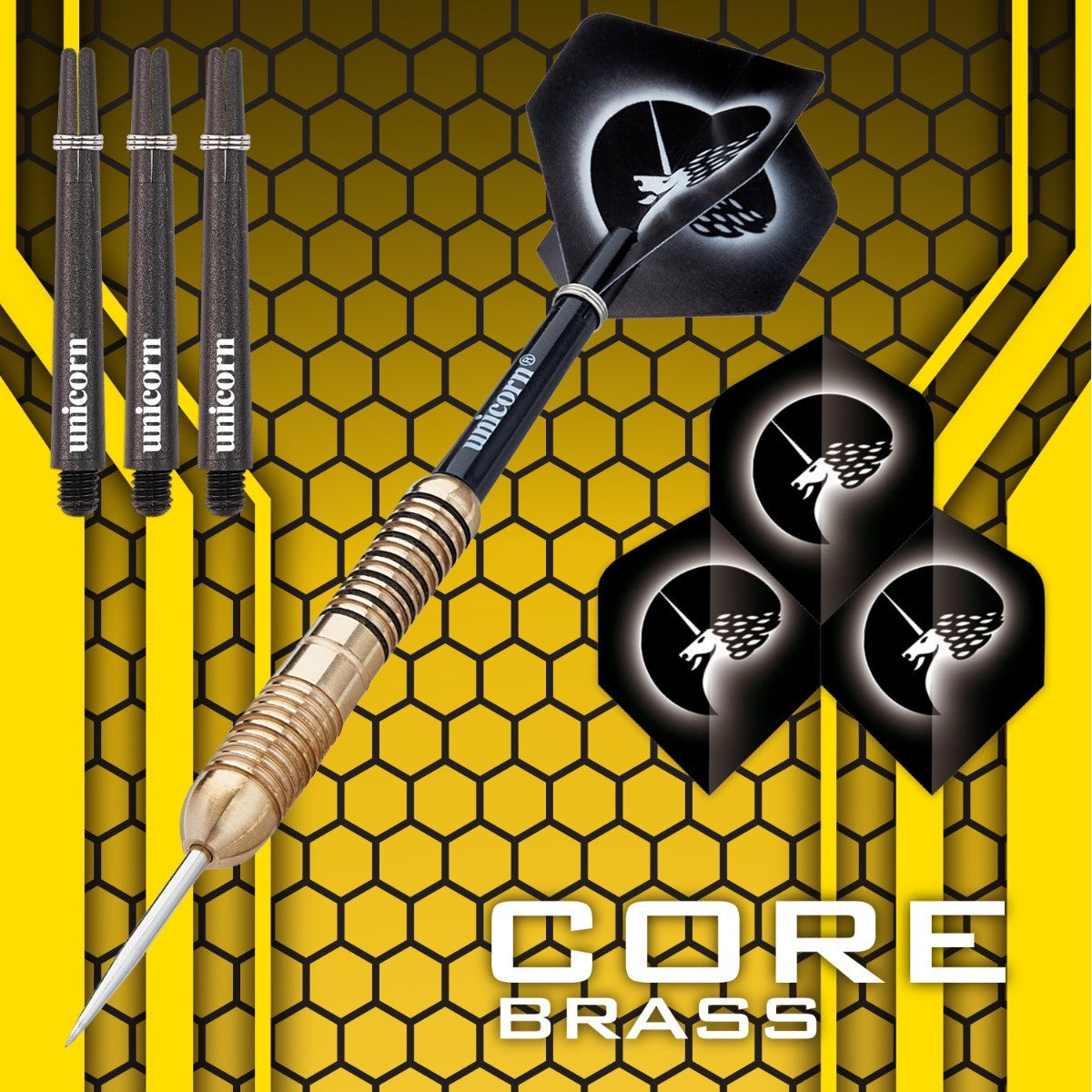 Core Brass Style 2 Steel Tip Darts branded contents image displaying the darts and included accessories alongside Unicorn branding