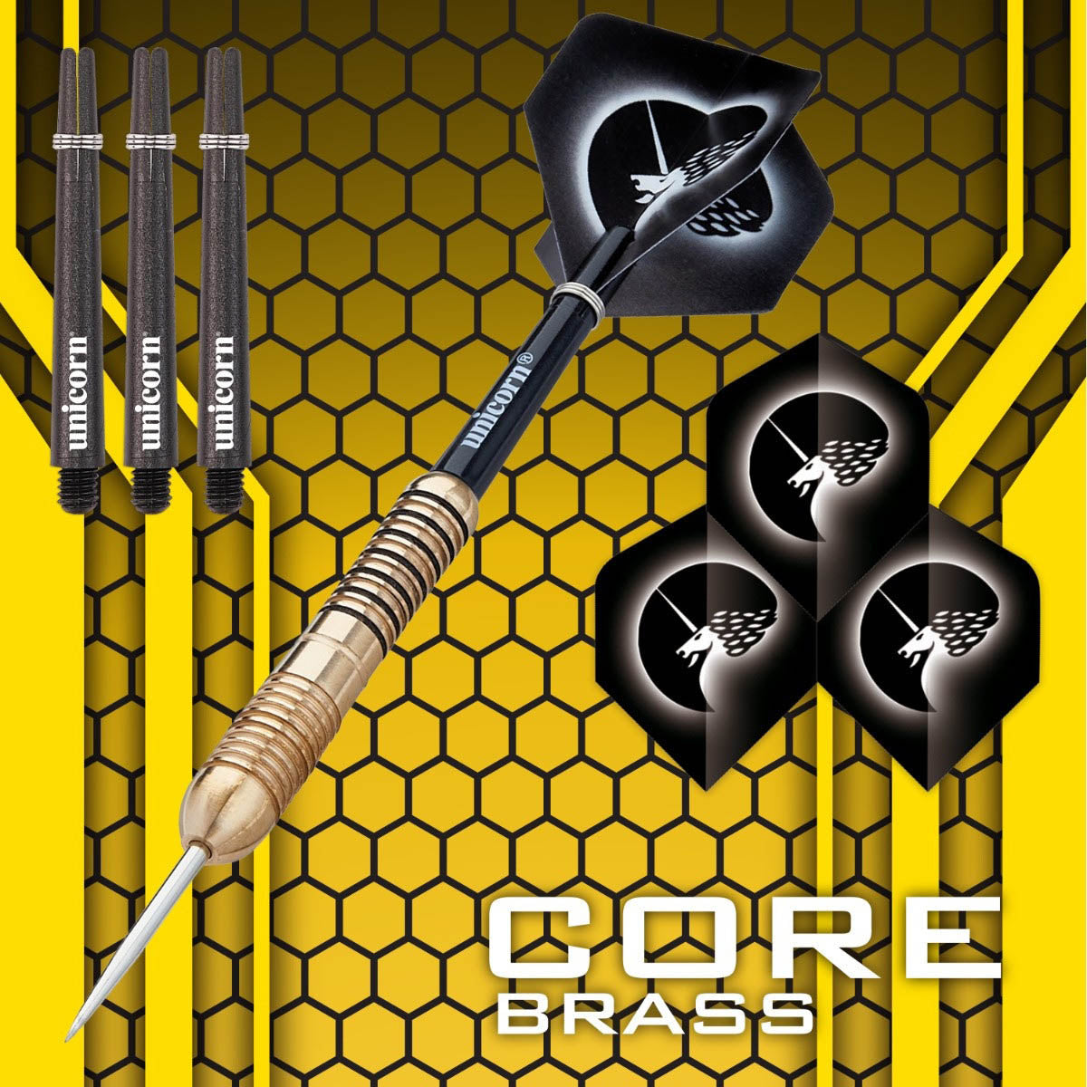 Core Brass Style 2 Steel Tip Darts branded contents image displaying the darts and included accessories alongside Unicorn branding