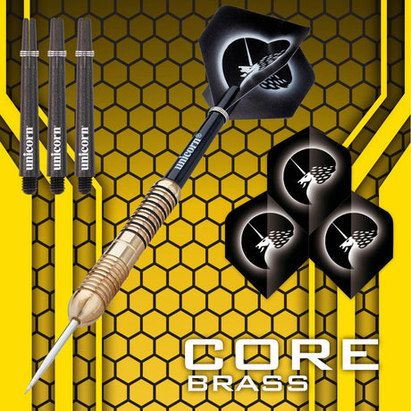Core Brass Style 2 Steel Tip Darts branded contents image displaying the darts and included accessories alongside Unicorn branding