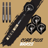 Core Plus Brass Steel Tip Darts branded contents image displaying the darts and included accessories alongside Unicorn branding