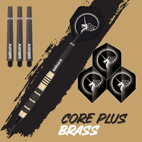 Core Plus Brass Steel Tip Darts branded contents image displaying the darts and included accessories alongside Unicorn branding