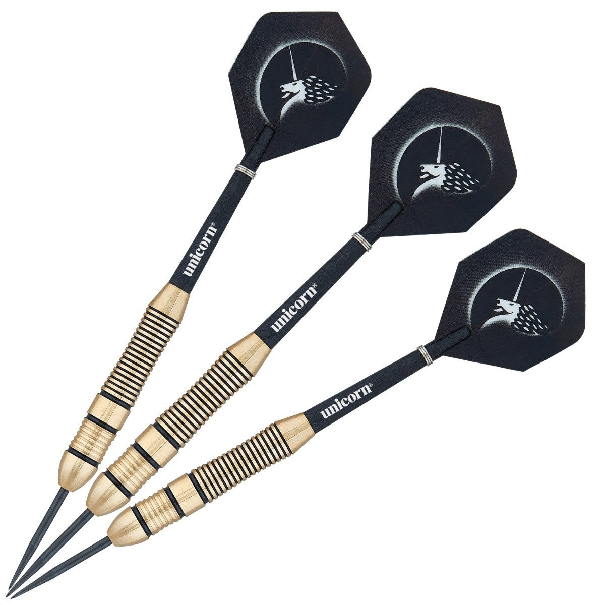 Core Plus Brass Style 2 Steel Tip Darts image showing the complete three dart set together highlighting barrel design consistency and styling