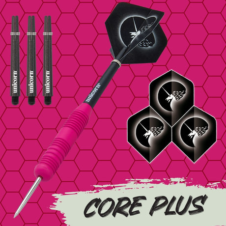 Core Plus Pink Rubber Coated Brass Steel Tip Darts branded contents image displaying the darts and included accessories alongside Unicorn branding