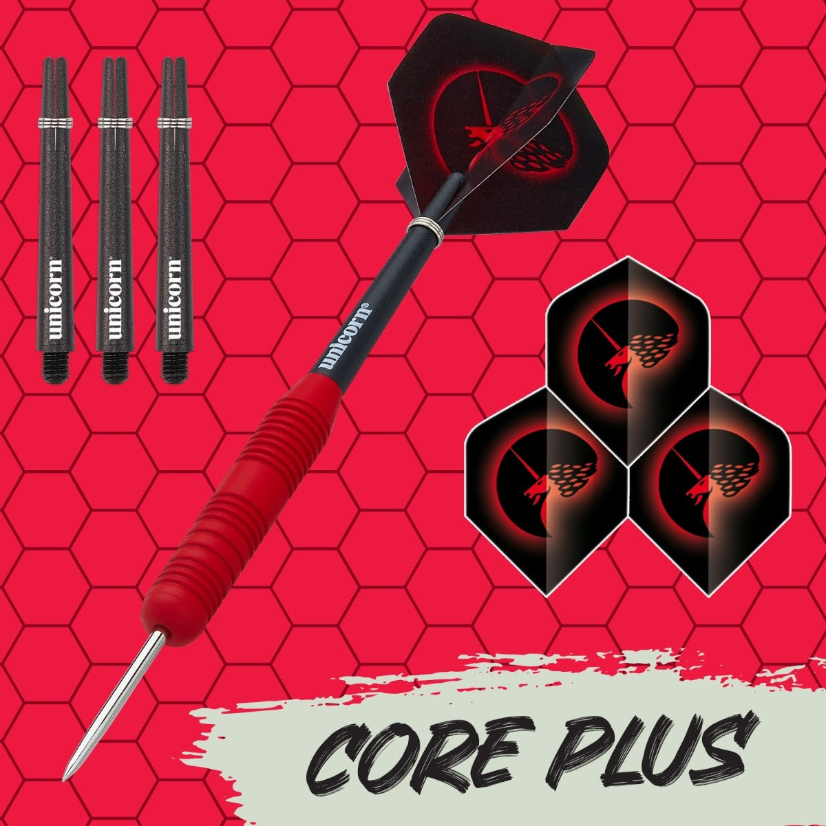 Core Plus Red Rubber Coated Brass Steel Tip Darts branded contents image displaying the darts and included accessories alongside Unicorn branding