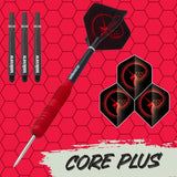 Core Plus Red Rubber Coated Brass Steel Tip Darts branded contents image displaying the darts and included accessories alongside Unicorn branding