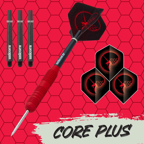 Core Plus Red Rubber Coated Brass Steel Tip Darts branded contents image displaying the darts and included accessories alongside Unicorn branding