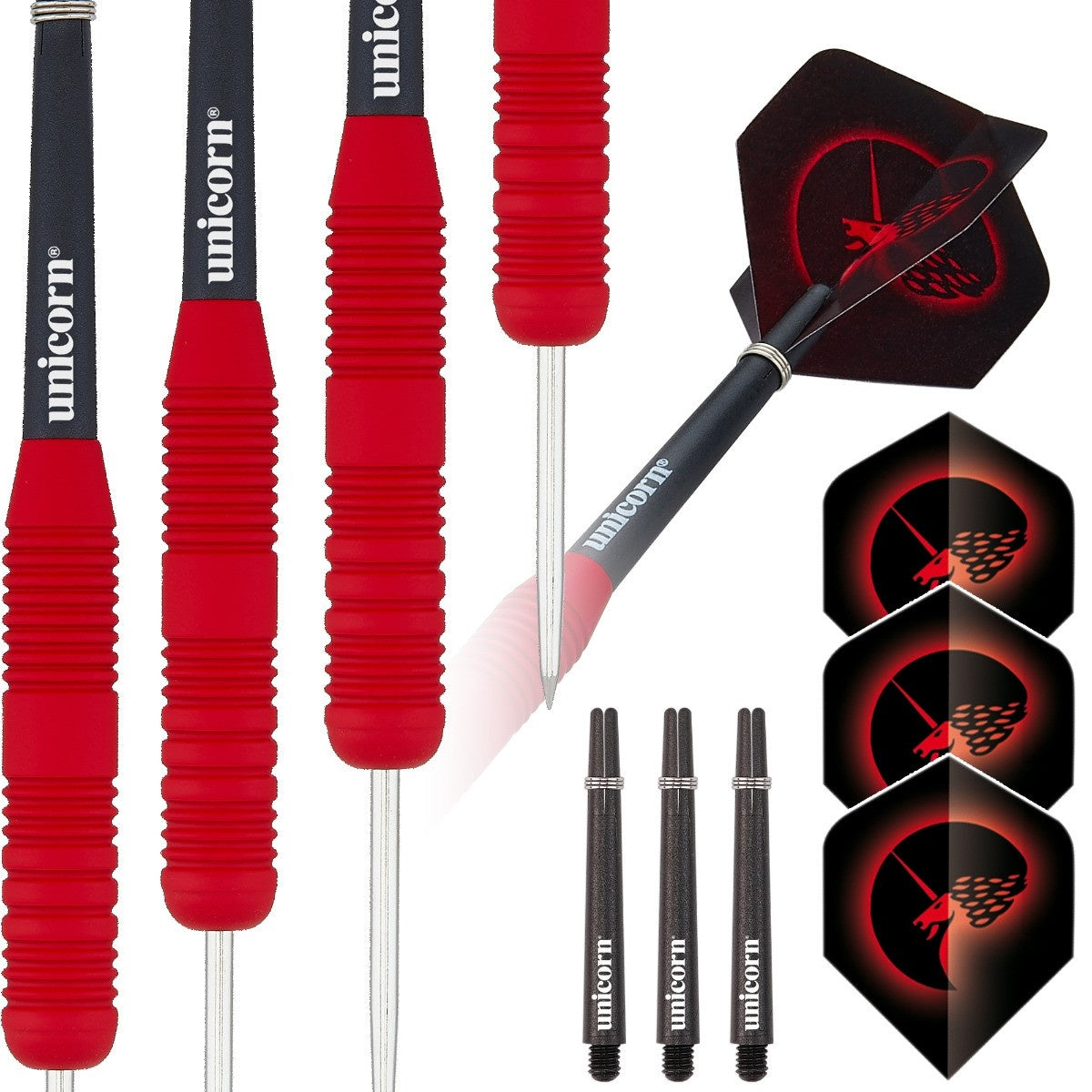Core Plus Red Rubber Coated Brass Steel Tip Darts contents image displaying everything included inside the package