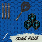 Core Plus Rubber Coated Brass Steel Tip Darts branded contents image displaying the darts and included accessories alongside Unicorn branding