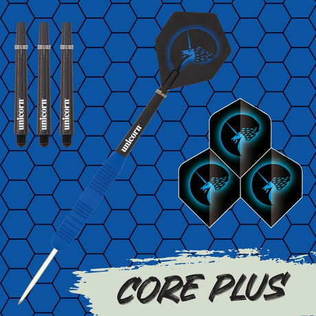 Core Plus Rubber Coated Brass Steel Tip Darts branded contents image displaying the darts and included accessories alongside Unicorn branding