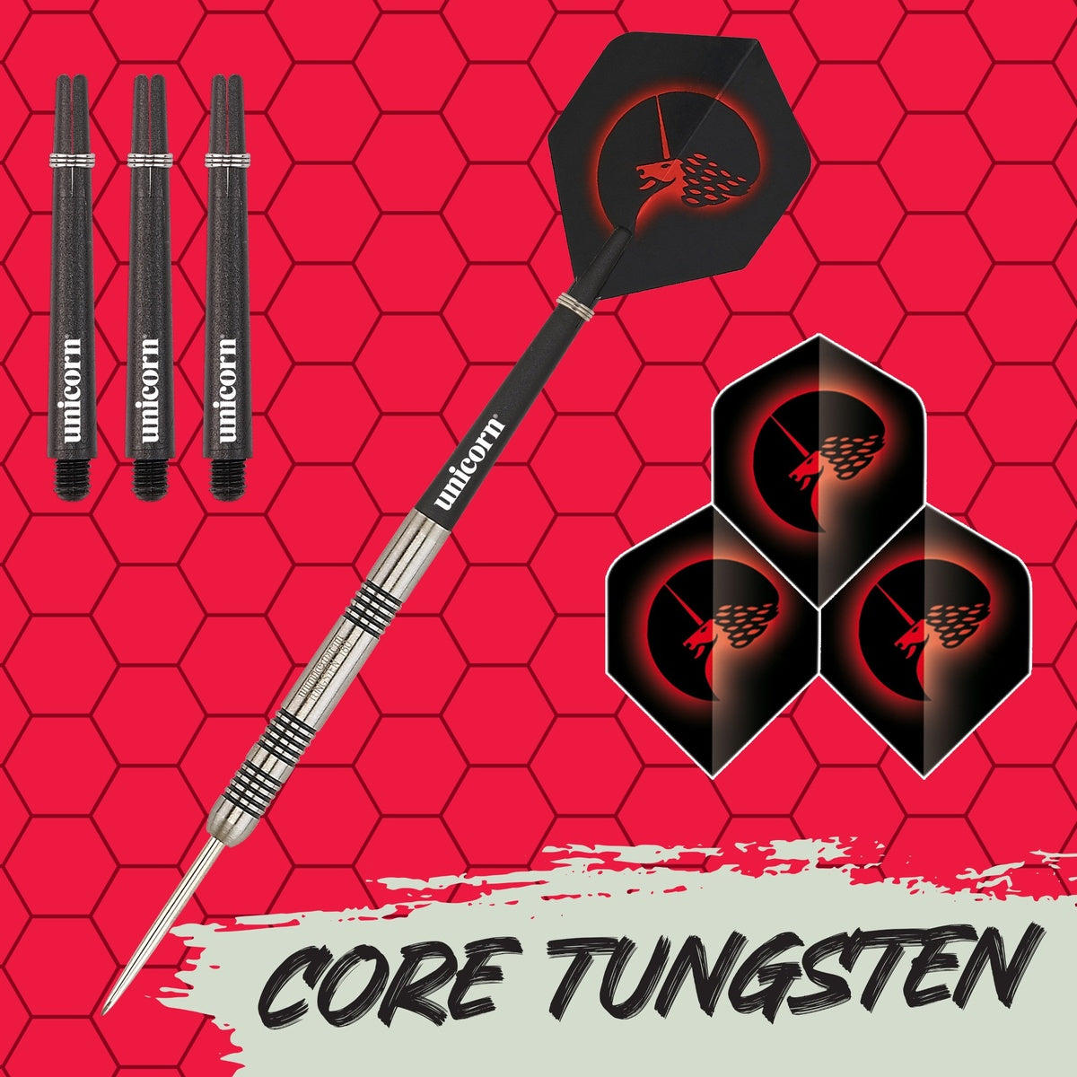 Core Tungsten Steel Tip Darts branded contents image displaying the darts and included accessories alongside Unicorn branding