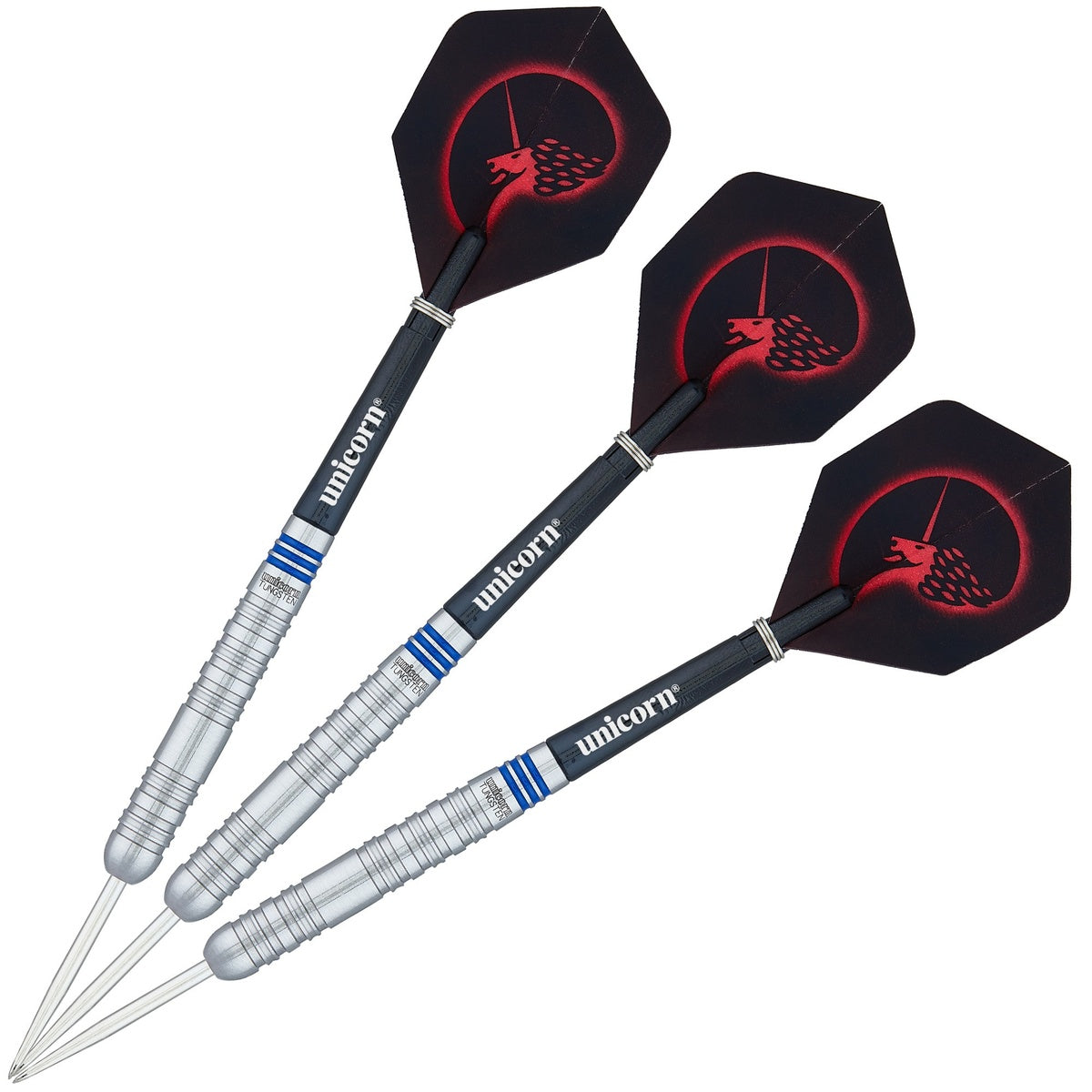 Core Tungsten Style 1 Steel Tip Darts image showing the complete three dart set together highlighting barrel design consistency and styling