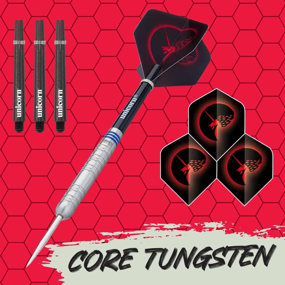 Core Tungsten Style 1 Steel Tip Darts branded contents image displaying the darts and included accessories alongside Unicorn branding
