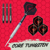 Core Tungsten Style 1 Steel Tip Darts branded contents image displaying the darts and included accessories alongside Unicorn branding