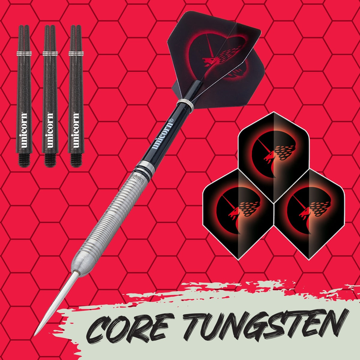 Core Tungsten Style 2 Steel Tip Darts branded contents image displaying the darts and included accessories alongside Unicorn branding
