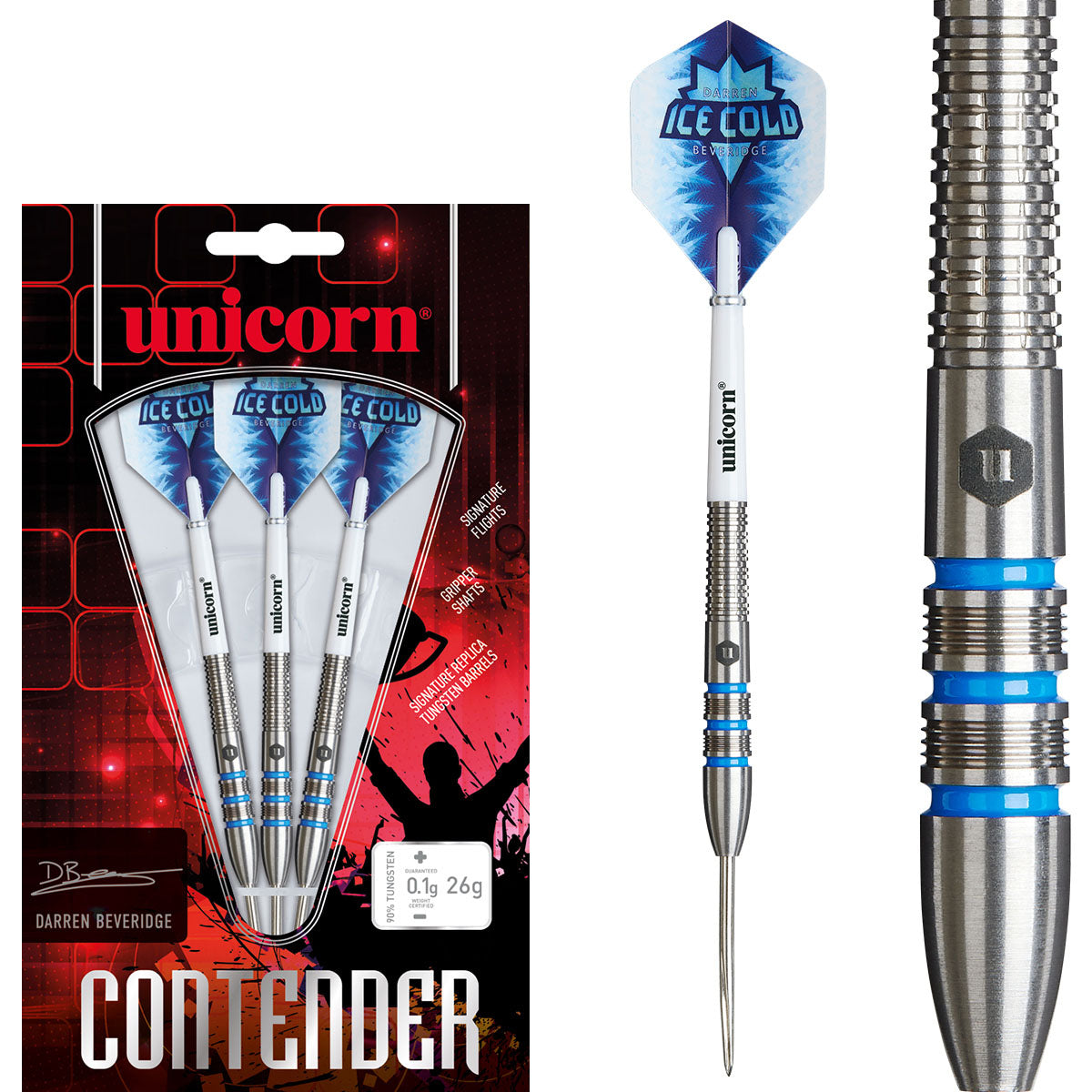 Darren Beveridge Steel Tip Darts main product image showing the darts, packaging, flights, shafts, and included accessories