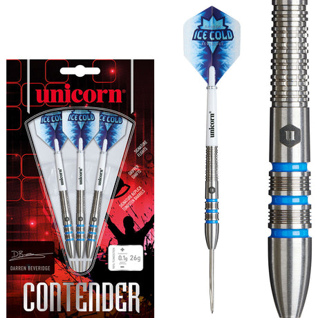 Darren Beveridge Steel Tip Darts main product image showing the darts, packaging, flights, shafts, and included accessories
