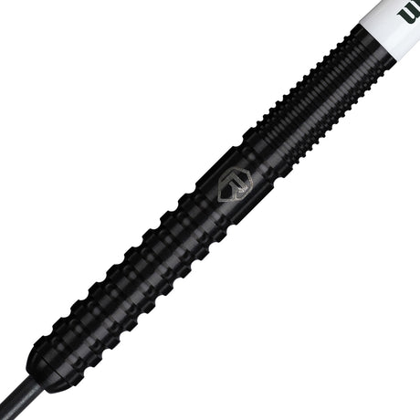 Darts Referee Steel Tip Darts close up image showing detailed grip patterns, machining, coating, and precision craftsmanship