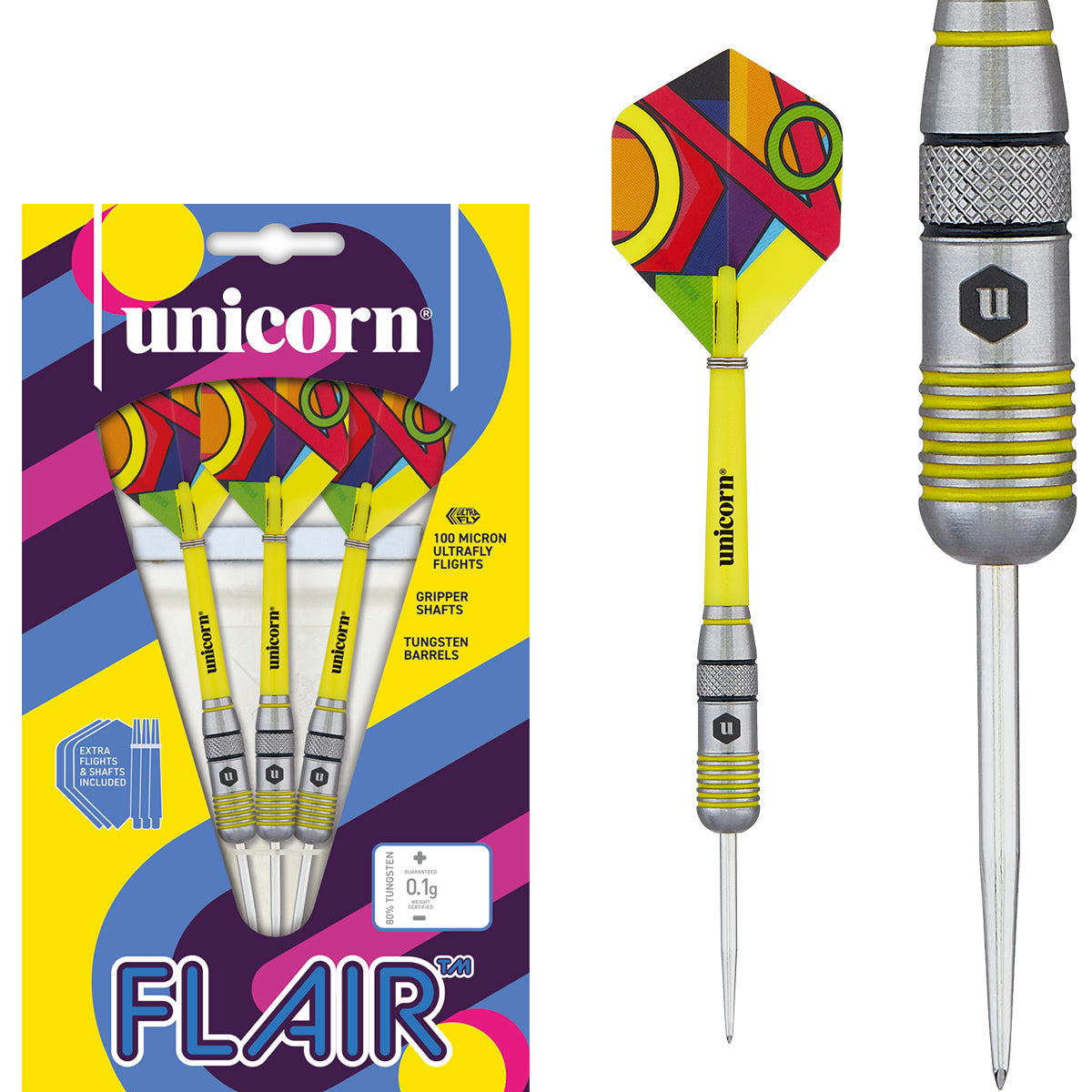 Flair 1 Steel Tip Darts main product image showing the darts, packaging, flights, shafts, and included accessories