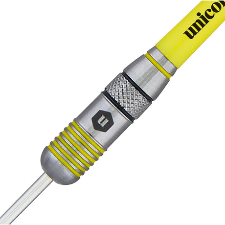 Flair 1 Steel Tip Darts close up image showing detailed grip patterns, machining, coating, and precision craftsmanship