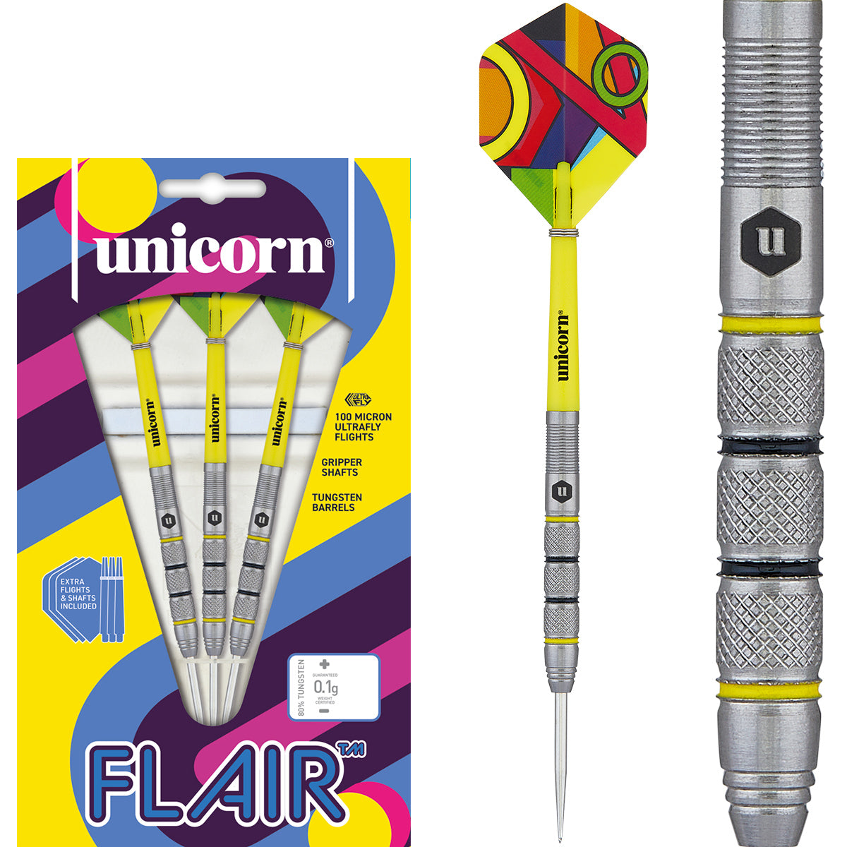 Flair 2 Steel Tip Darts main product image showing the darts, packaging, flights, shafts, and included accessories