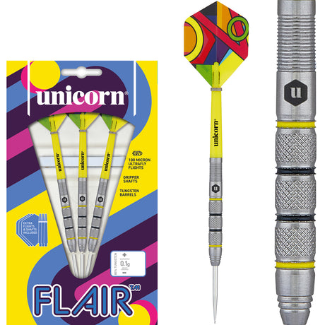 Flair 2 Steel Tip Darts main product image showing the darts, packaging, flights, shafts, and included accessories
