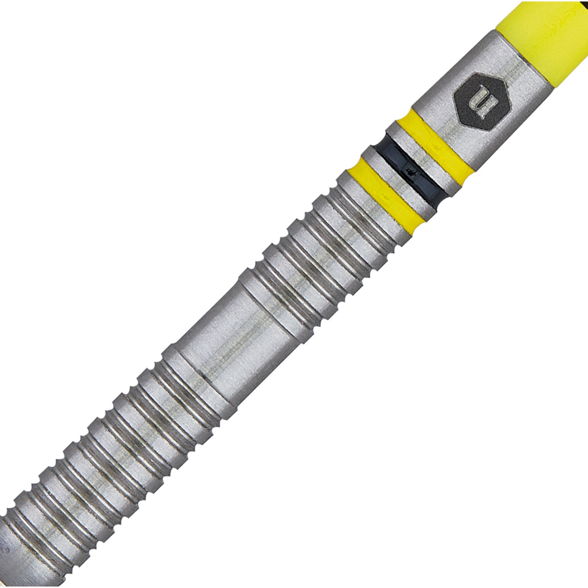 Flair 3 Steel Tip Darts close up image showing detailed grip patterns, machining, coating, and precision craftsmanship