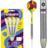 Flair 5 Steel Tip Darts main product image showing the darts, packaging, flights, shafts, and included accessories